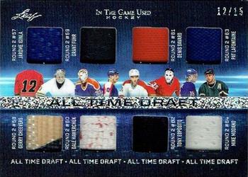 2022-23 Leaf In The Game Used - All Time Draft Relics Silver Sparkle #A-7 Jarome Iginla / Gerry Cheevers / Grant Fuhr / Dale Hawerchuk / Denis Savard / Tony Esposito / Pat LaFontaine / Mike Modano Front