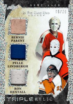 2022-23 Leaf In The Game Used - Game Used Triple Relics Silver Sparkle #GTR-11 Bernie Parent / Pelle Lindbergh / Ron Hextall Front