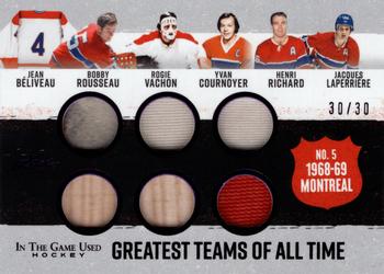 2022-23 Leaf In The Game Used - Greatest Teams of All Time Relics Purple Foil #GT-1 Jean Béliveau / Bobby Rousseau / Rogie Vachon / Yvan Cournoyer / Henri Richard / Jacques Laperrière Front