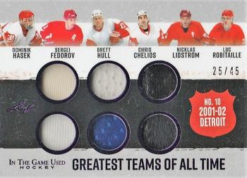 2022-23 Leaf In The Game Used - Greatest Teams of All Time Relics Purple Foil #GT-6 Dominik Hasek / Sergei Fedorov / Brett Hull / Chris Chelios / Nicklas Lidstrom / Luc Robitaille Front