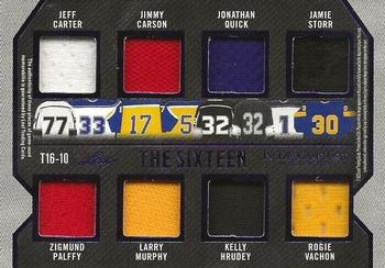2022-23 Leaf In The Game Used - The 16 Relics Purple Foil #T16-10 Marcel Dionne / Dave Taylor / Luc Robitaille / Anze Kopitar / Bernie Nicholls / Dustin Brown / Drew Doughty / Rob Blake / Jeff Carter / Zigmund Palffy / Jimmy Carson / Larry Murphy / Jonathan Quick / Kelly Hrudey / Jamie Storr / Rogie Vachon Back