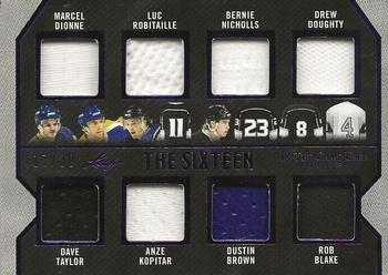 2022-23 Leaf In The Game Used - The 16 Relics Purple Foil #T16-10 Marcel Dionne / Dave Taylor / Luc Robitaille / Anze Kopitar / Bernie Nicholls / Dustin Brown / Drew Doughty / Rob Blake / Jeff Carter / Zigmund Palffy / Jimmy Carson / Larry Murphy / Jonathan Quick / Kelly Hrudey / Jamie Storr / Rogie Vachon Front