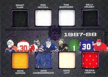 2022-23 Leaf In The Game Used - Masked Men: Year of the Goalie Relics Purple Foil #YG-6 Grant Fuhr / Mike Vernon / Ron Hextall / John Vanbiesbrouck / Tom Barrasso / Mike Liut / Kelly Hrudey / Rejean Lemelin Front