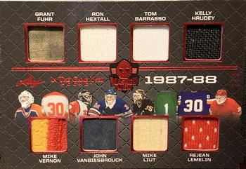 2022-23 Leaf In The Game Used - Masked Men: Year of the Goalie Relics Red Spectrum #YG-6 Grant Fuhr / Mike Vernon / Ron Hextall / John Vanbiesbrouck / Tom Barrasso / Mike Liut / Kelly Hrudey / Rejean Lemelin Front