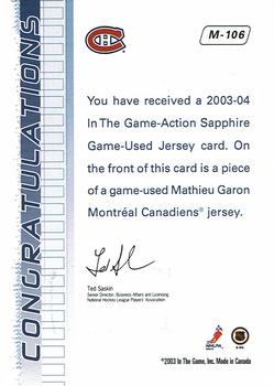 2003-04 In The Game Action - Edmonton the Big One Jerseys #M-106 Mathieu Garon Back