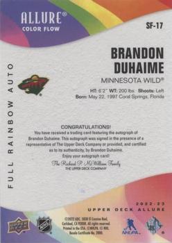 2022-23 Upper Deck Allure - Color Flow Autographs Full Rainbow #SF-17 Brandon Duhaime Back