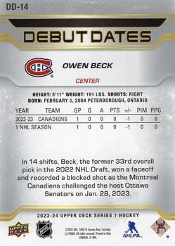 2023-24 Upper Deck - Debut Dates #DD-14 Owen Beck Back