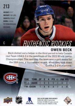 2023-24 SP Game Used #213 Owen Beck Back