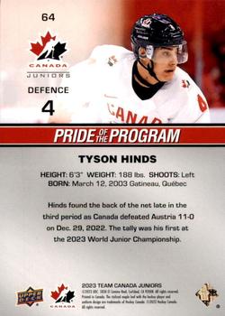 2023 Upper Deck Team Canada Juniors #64 Tyson Hinds Back