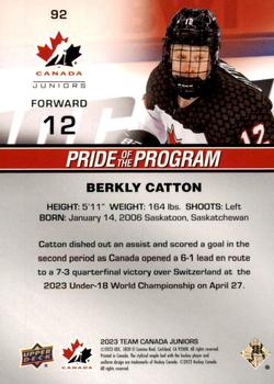 2023 Upper Deck Team Canada Juniors #92 Berkly Catton Back