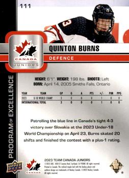 2023 Upper Deck Team Canada Juniors #111 Quinton Burns Back
