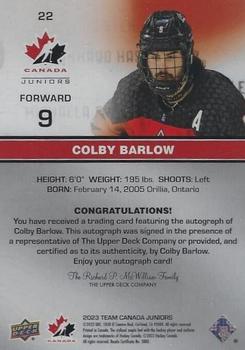 2023 Upper Deck Team Canada Juniors - Base Signatures #22 Colby Barlow Back