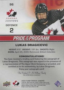 2023 Upper Deck Team Canada Juniors - Base Signatures #96 Lukas Dragicevic Back