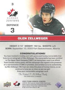 2023 Upper Deck Team Canada Juniors - Base Autograph Patch #3 Olen Zellweger Back