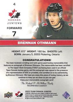 2023 Upper Deck Team Canada Juniors - Base Autograph Patch #4 Brennan Othmann Back