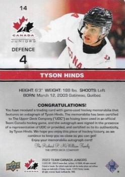 2023 Upper Deck Team Canada Juniors - Base Autograph Patch #14 Tyson Hinds Back