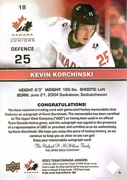2023 Upper Deck Team Canada Juniors - Base Autograph Patch #18 Kevin Korchinski Back