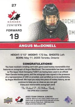 2023 Upper Deck Team Canada Juniors - Base Autograph Patch #27 Angus MacDonell Back