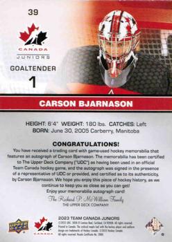 2023 Upper Deck Team Canada Juniors - Base Autograph Patch #39 Carson Bjarnason Back