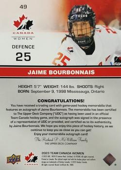2023 Upper Deck Team Canada Juniors - Base Autograph Patch #49 Jaime Bourbonnais Back