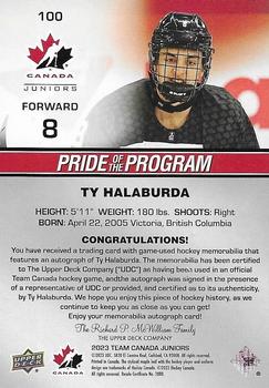 2023 Upper Deck Team Canada Juniors - Base Autograph Patch #100 Ty Halaburda Back