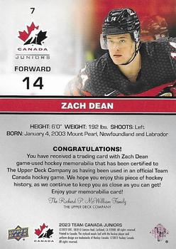 2023 Upper Deck Team Canada Juniors - Base Jersey #7 Zach Dean Back
