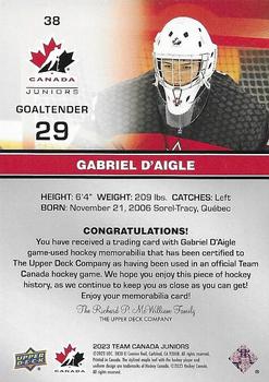 2023 Upper Deck Team Canada Juniors - Base Jersey #38 Gabriel D'Aigle Back