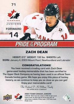 2023 Upper Deck Team Canada Juniors - Base Jersey #71 Zach Dean Back