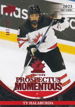 2023 Upper Deck Team Canada Juniors - Prospectus Momentous Electric Red #PM-25 Ty Halaburda Front