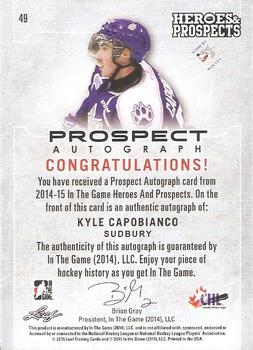 2014-15 In The Game Heroes & Prospects - Prospect Autographs Blue #49 Kyle Capobianco Back