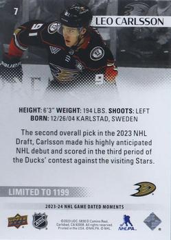 2023-24 Upper Deck Game Dated Moments #7 Leo Carlsson Back