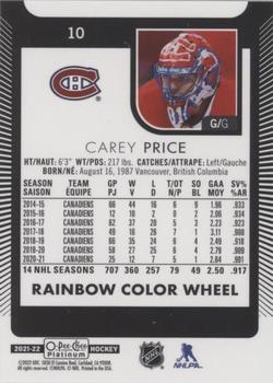 2021-22 O-Pee-Chee Platinum - Rainbow Color Wheel #10 Carey Price Back