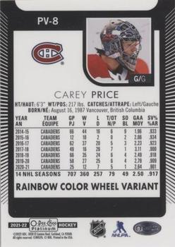 2021-22 O-Pee-Chee Platinum - Rainbow Color Wheel Variant Achievements #PV-8 Carey Price Back