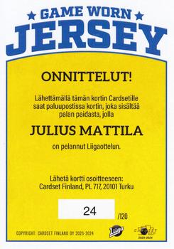 2023-24 Cardset Finland - Game Worn Jersey Redemption #GWJ5 Julius Mattila Back