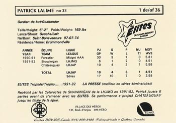 1991-92 Chateauguay Elites #1 Patrick Lalime Back