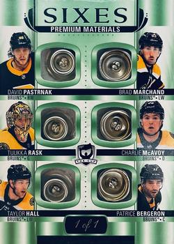 2021-22 Upper Deck The Cup - Cup Sixes Green Button #C6-BOS Patrice Bergeron / Tuukka Rask / Brad Marchand / Taylor Hall / David Pastrnak / Charlie McAvoy Front