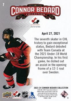 2023-24 Upper Deck Connor Bedard Collection #1 Bedard debuts for Team Canada at the 2021 U18 World Championship Back
