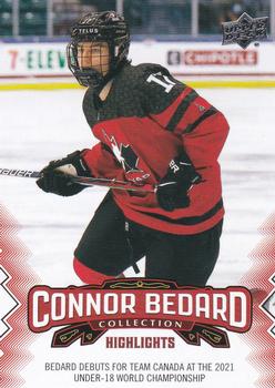 2023-24 Upper Deck Connor Bedard Collection #1 Bedard debuts for Team Canada at the 2021 U18 World Championship Front