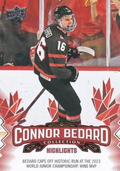 2023-24 Upper Deck Connor Bedard Collection #3 Bedard caps off historic run at the 2023 WJC, wins MVP Front