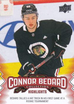 2023-24 Upper Deck Connor Bedard Collection #8 Bedard tallies a hat trick in his first game at a rookie tournament Front