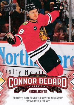 2023-24 Upper Deck Connor Bedard Collection #18 Bedard's goal sends the host Blackhawks crowd into a frenzy Front
