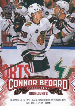 2023-24 Upper Deck Connor Bedard Collection #20 Bedard sets two Blackhawk records with his first multi-point game Front