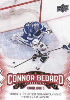 2023-24 Upper Deck Connor Bedard Collection #23 Bedard tallies his first game-winner, Chicago prevails 5-3 at Tampa Bay Front