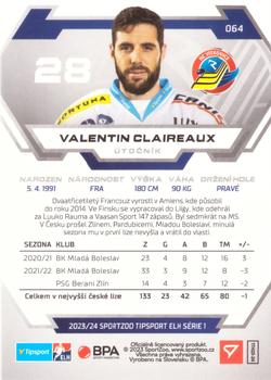 2023-24 SportZoo Tipsport ELH #64 Valentin Claireaux Back
