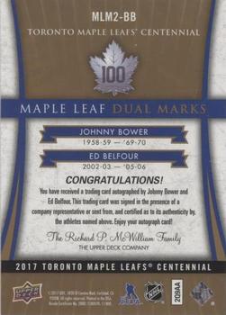 2020-21 SP Signature Edition Legends - 2017 Upper Deck Toronto Maple Leafs Centennial Update: Maple Leaf Dual Marks #MLM2-BB Johnny Bower / Ed Belfour Back