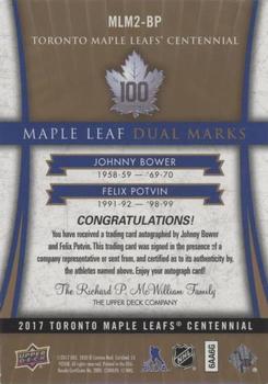 2020-21 SP Signature Edition Legends - 2017 Upper Deck Toronto Maple Leafs Centennial Update: Maple Leaf Dual Marks #MLM2-BP Johnny Bower / Felix Potvin Back