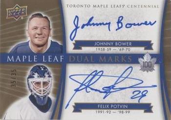 2020-21 SP Signature Edition Legends - 2017 Upper Deck Toronto Maple Leafs Centennial Update: Maple Leaf Dual Marks #MLM2-BP Johnny Bower / Felix Potvin Front