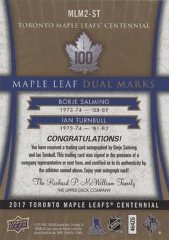 2020-21 SP Signature Edition Legends - 2017 Upper Deck Toronto Maple Leafs Centennial Update: Maple Leaf Dual Marks #MLM2-ST Borje Salming / Ian Turnbull Back