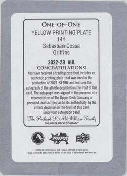2022-23 Upper Deck AHL - Printing Plates Yellow #144 Sebastian Cossa Back
