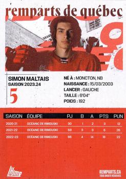 2023-24 Quebec Remparts (QMJHL) #NNO Simon Maltais Back